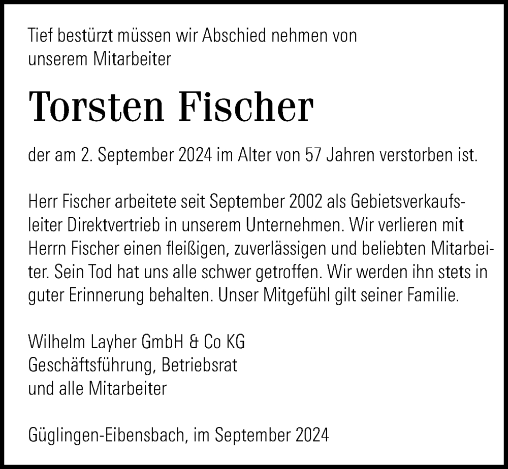  Traueranzeige für Torsten Fischer vom 14.09.2024 aus Leipziger Volkszeitung