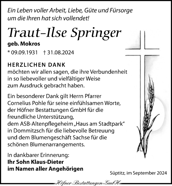 Traueranzeige von Traut-Ilse Springer von Torgauer Zeitung