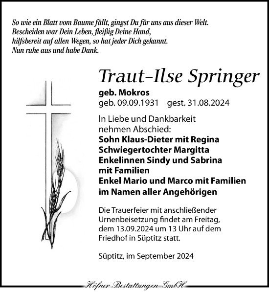 Traueranzeige von Traut-Ilse Springer von Torgauer Zeitung