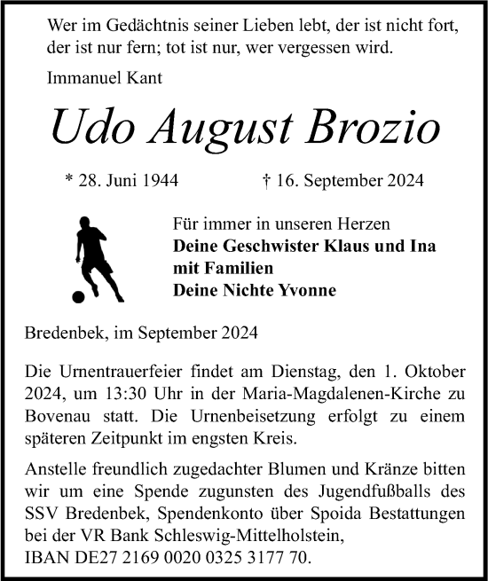 Traueranzeige von Udo  Brozio von Kieler Nachrichten