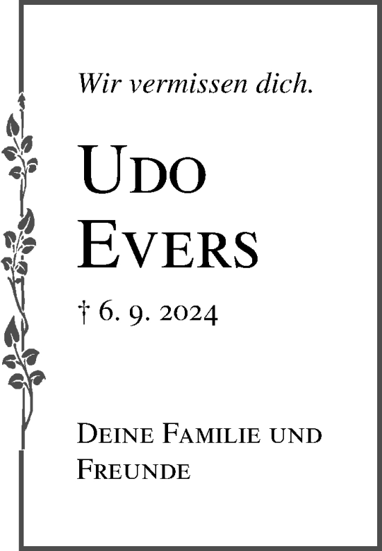 Traueranzeige von Udo Evers von Lübecker Nachrichten