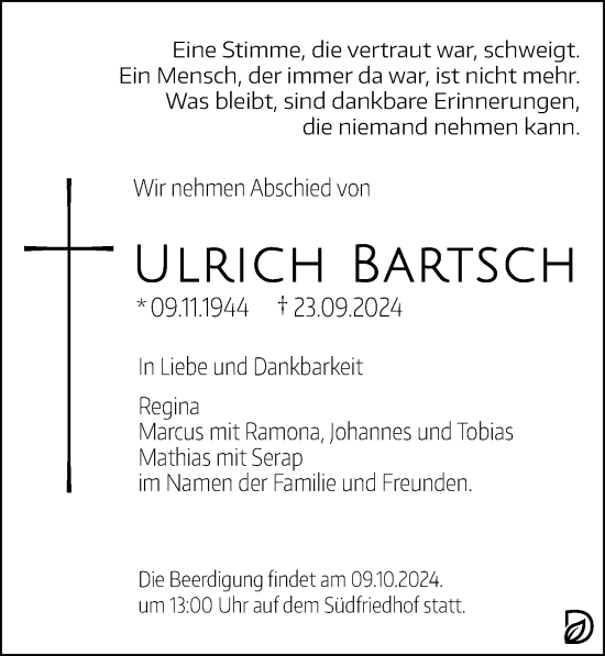 Traueranzeige von Ulrich Bartsch von Leipziger Volkszeitung