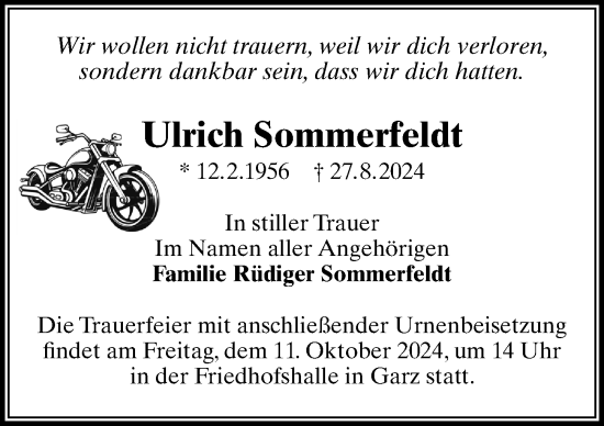 Traueranzeige von Ulrich Sommerfeldt von Wochenspiegel