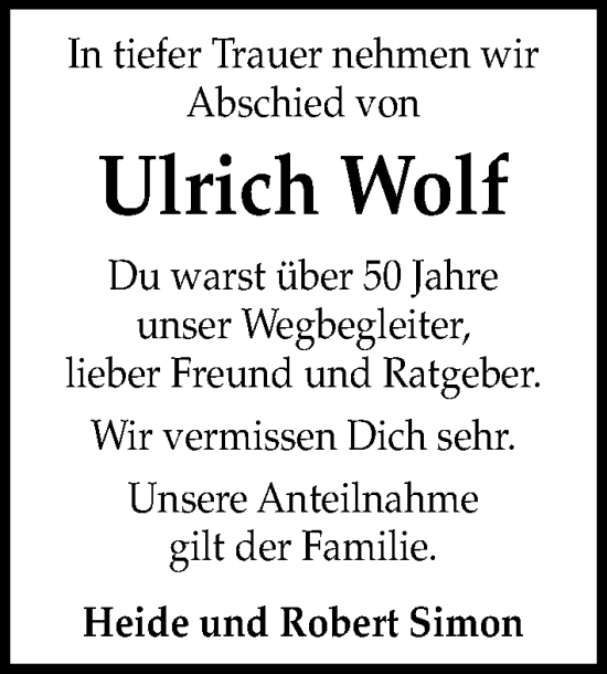 Traueranzeige von Ulrich Wolf von Hannoversche Allgemeine Zeitung/Neue Presse