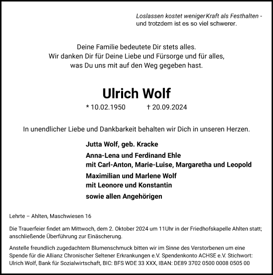 Traueranzeige von Ulrich Wolf von Hannoversche Allgemeine Zeitung/Neue Presse