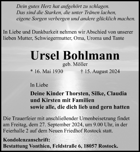 Traueranzeige von Ursel Bohlmann von Ostsee-Zeitung GmbH