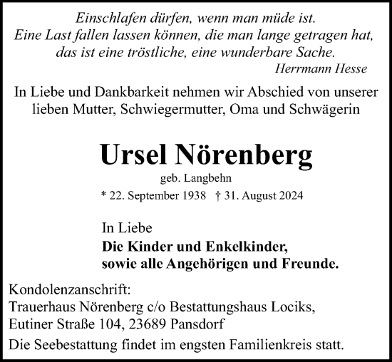 Traueranzeige von Ursel Nörenberg von Lübecker Nachrichten