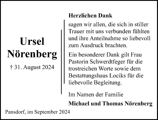 Traueranzeige von Ursel Nörenberg von Lübecker Nachrichten