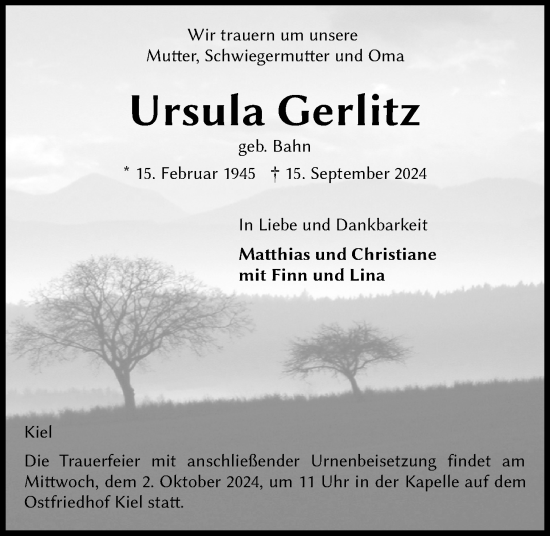 Traueranzeige von Ursula Gerlitz von Kieler Nachrichten