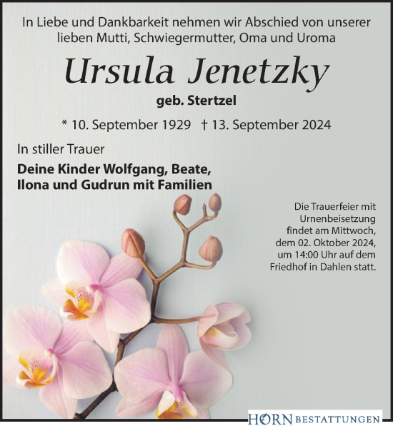 Traueranzeige von Ursula Jenetzky von Leipziger Volkszeitung