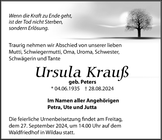 Traueranzeige von Ursula Krauß von Märkischen Allgemeine Zeitung