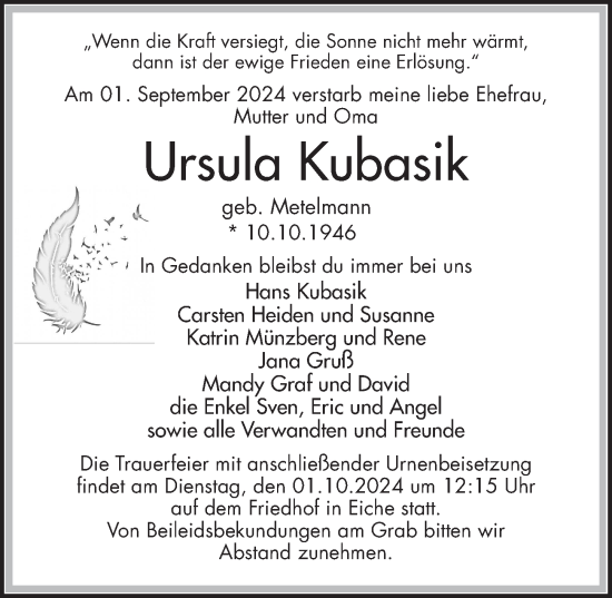 Traueranzeige von Ursula Kubasik von Märkischen Allgemeine Zeitung