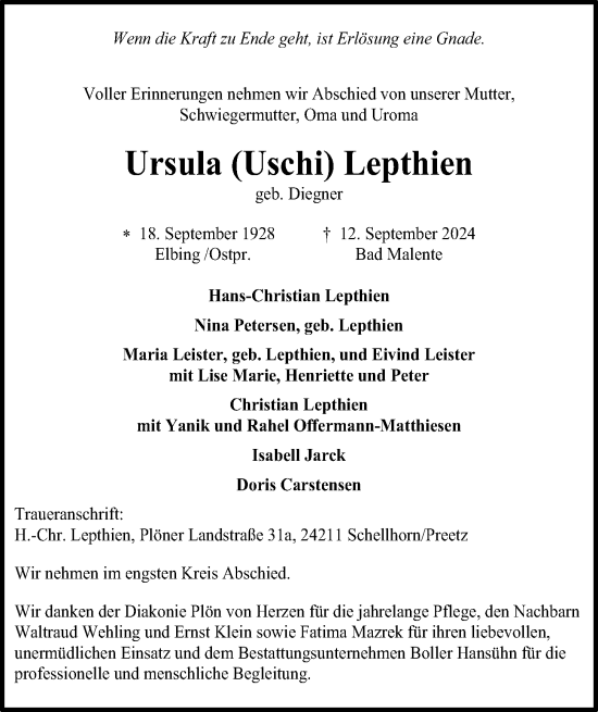 Traueranzeige von Ursula Lepthien von Kieler Nachrichten