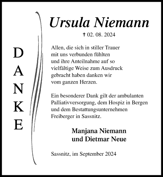 Traueranzeige von Ursula Niemann von Ostsee-Zeitung GmbH