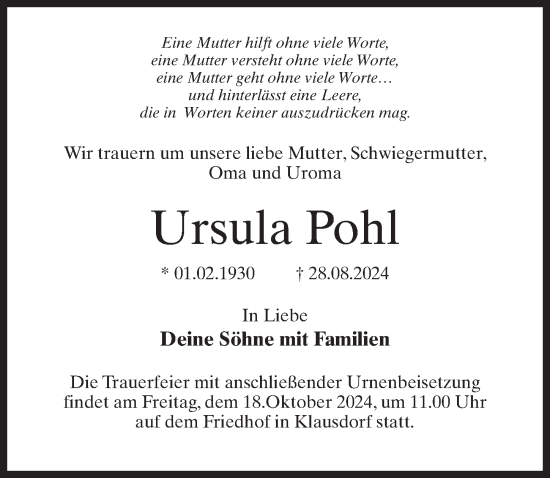 Traueranzeige von Ursula Pohl von Märkischen Allgemeine Zeitung