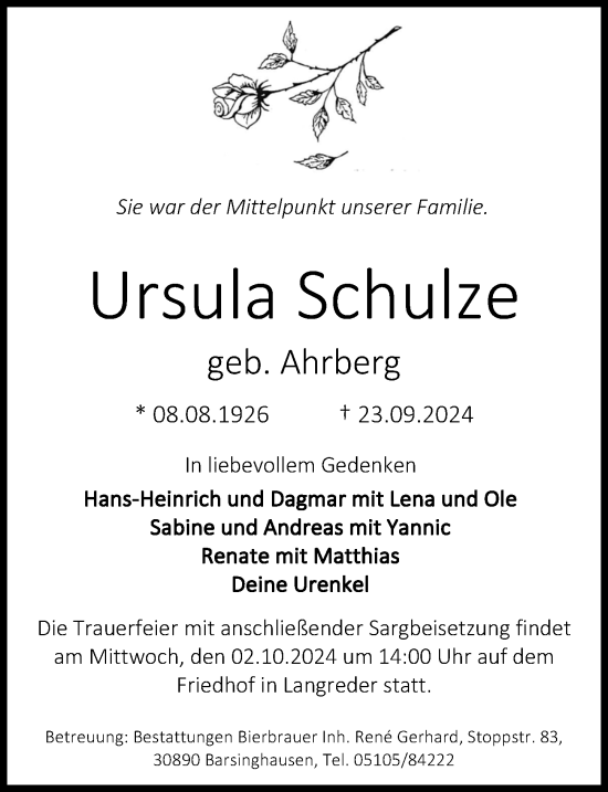 Traueranzeige von Ursula Schulze von Hannoversche Allgemeine Zeitung/Neue Presse