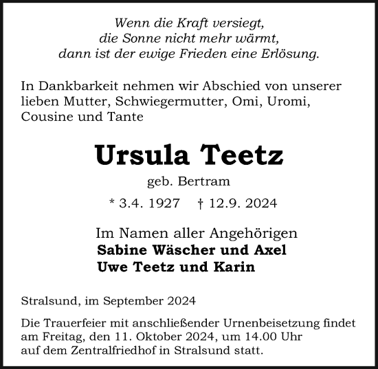 Traueranzeige von Ursula Teetz von Ostsee-Zeitung GmbH