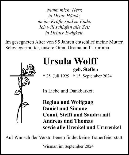 Traueranzeige von Ursula Wolff von Ostsee-Zeitung GmbH