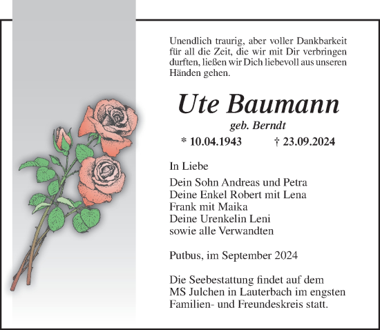 Traueranzeige von Ute Baumann von Ostsee-Zeitung GmbH