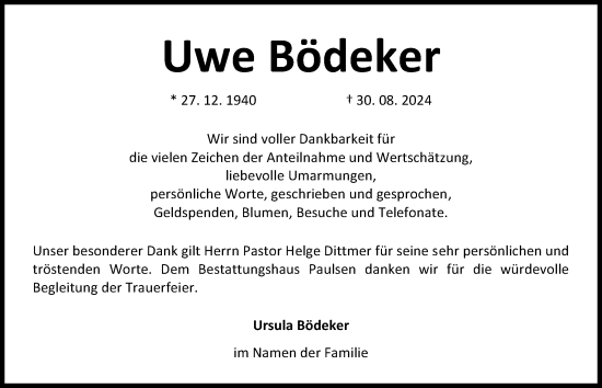 Traueranzeige von Uwe Bödeker von Kieler Nachrichten