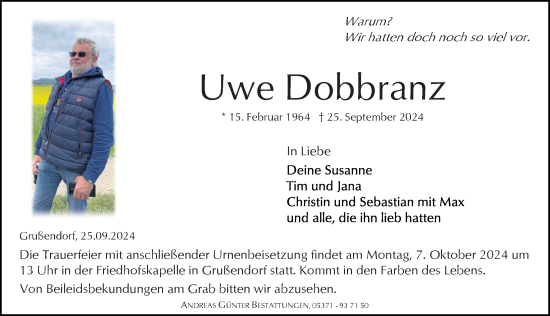 Traueranzeige von Uwe Dobbranz von Aller Zeitung