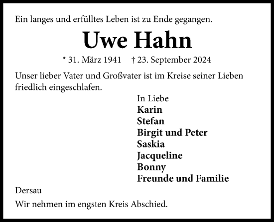 Traueranzeige von Uwe Hahn von Kieler Nachrichten