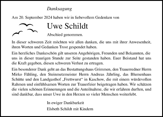 Traueranzeige von Uwe Schildt von Ostsee-Zeitung GmbH