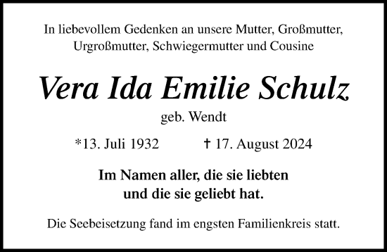 Traueranzeige von Vera Ida Emilie Schulz von Lübecker Nachrichten