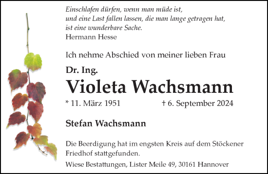 Traueranzeige von Violeta Wachsmann von Hannoversche Allgemeine Zeitung/Neue Presse