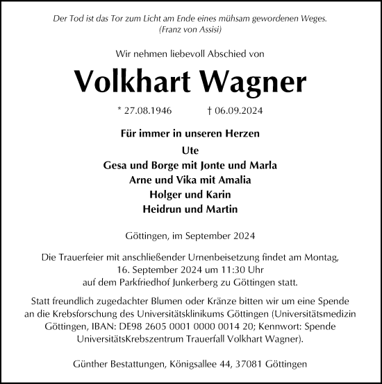 Traueranzeige von Volkhart Wagner von Göttinger Tageblatt