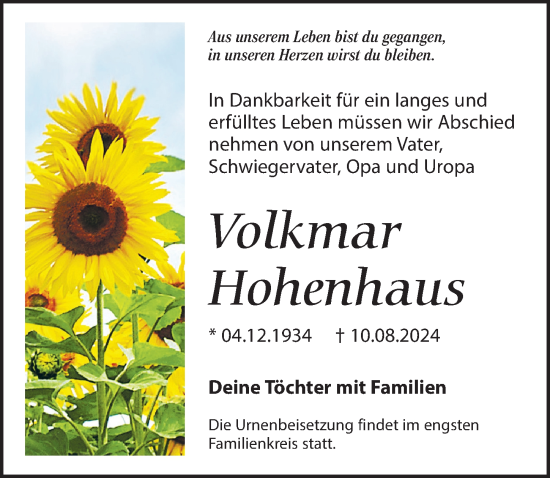 Traueranzeige von Volkmar Hohenhaus von Märkischen Allgemeine Zeitung