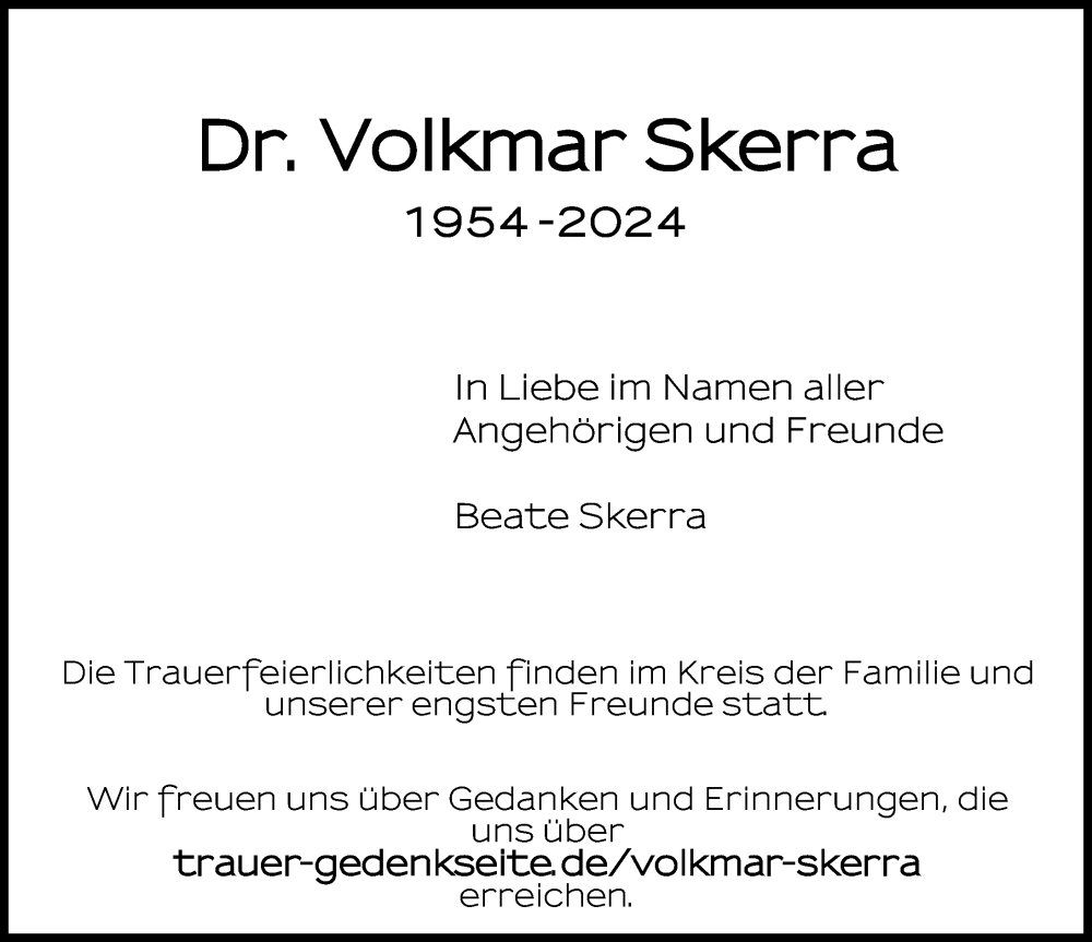  Traueranzeige für Volkmar Skerra vom 14.09.2024 aus Märkischen Allgemeine Zeitung