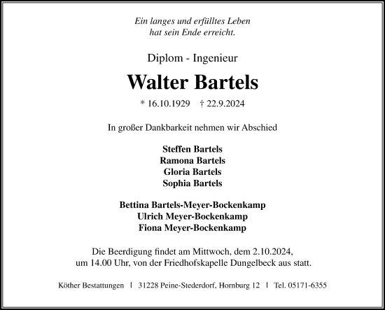 Traueranzeige von Walter Bartels von Peiner Allgemeine Zeitung