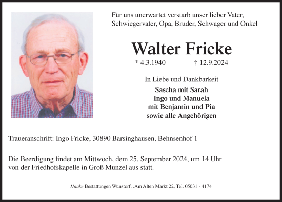 Traueranzeige von Walter Fricke von Hannoversche Allgemeine Zeitung/Neue Presse