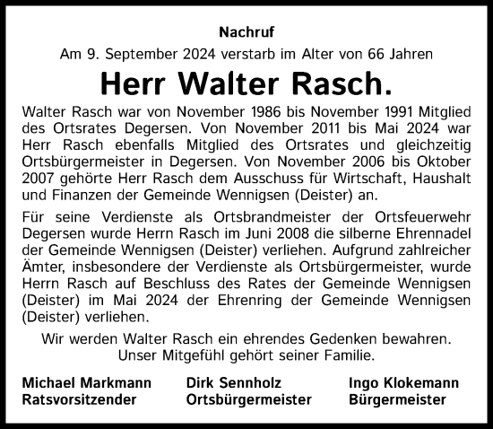 Traueranzeige von Walter Rasch von Hannoversche Allgemeine Zeitung/Neue Presse