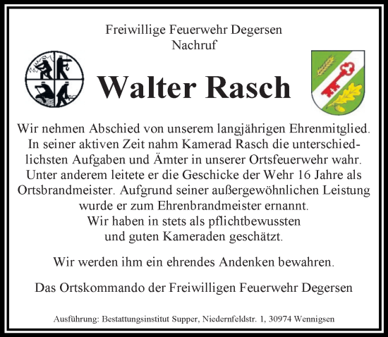 Traueranzeige von Walter Rasch von Hannoversche Allgemeine Zeitung/Neue Presse