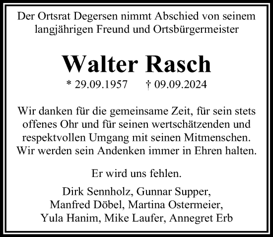 Traueranzeige von Walter Rasch von Hannoversche Allgemeine Zeitung/Neue Presse