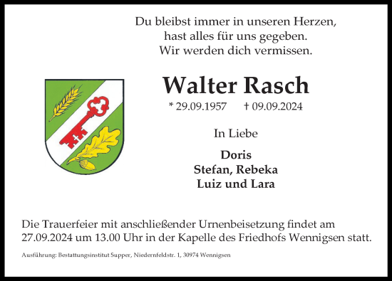 Traueranzeige von Walter Rasch von Hannoversche Allgemeine Zeitung/Neue Presse