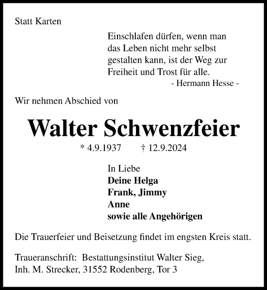 Traueranzeige von Walter Schwenzfeier von Hannoversche Allgemeine Zeitung/Neue Presse