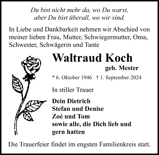 Traueranzeige von Waltraud Koch von Ostsee-Zeitung GmbH