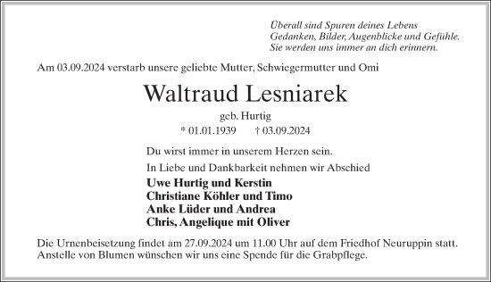 Traueranzeige von Waltraud Lesniarek von Märkischen Allgemeine Zeitung