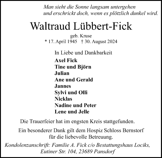 Traueranzeige von Waltraud Lübbert-Fick von Lübecker Nachrichten