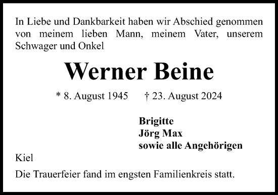 Traueranzeige von Werner Beine von Kieler Nachrichten