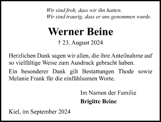 Traueranzeige von Werner Beine von Kieler Nachrichten