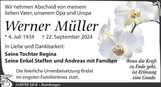 Traueranzeige von Werner Müller von Leipziger Volkszeitung