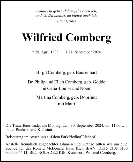 Traueranzeige von Wilfried Comberg von Kieler Nachrichten