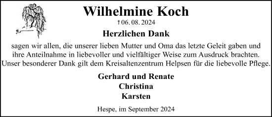 Traueranzeige von Wilhelmine Koch von Schaumburger Nachrichten