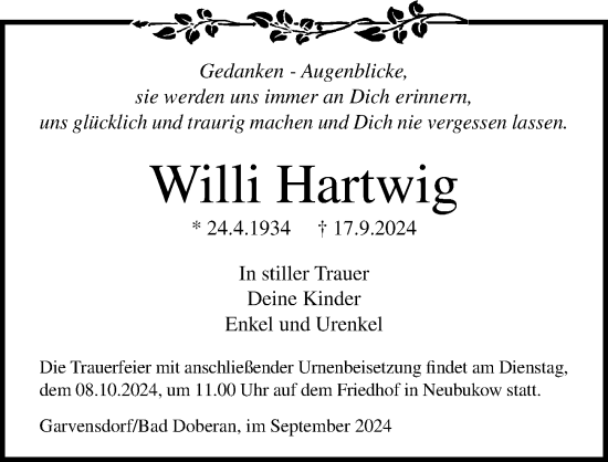 Traueranzeige von Willi Hartwig von Ostsee-Zeitung GmbH