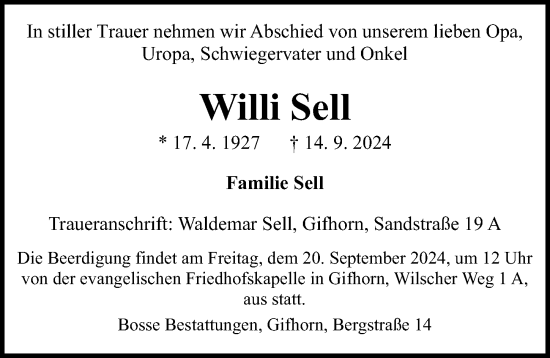 Traueranzeige von Willi Sell von Aller Zeitung