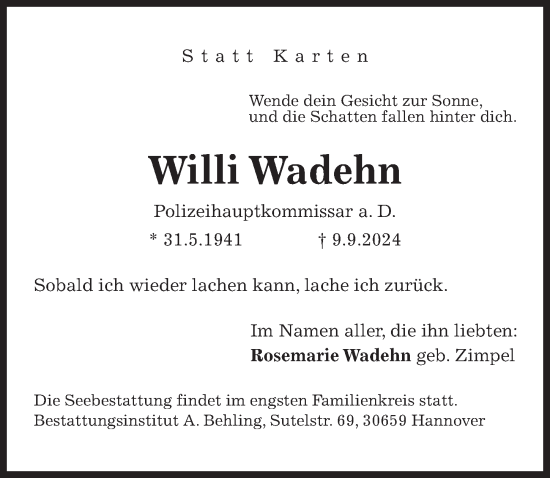 Traueranzeige von Willi Wadehn von Hannoversche Allgemeine Zeitung/Neue Presse